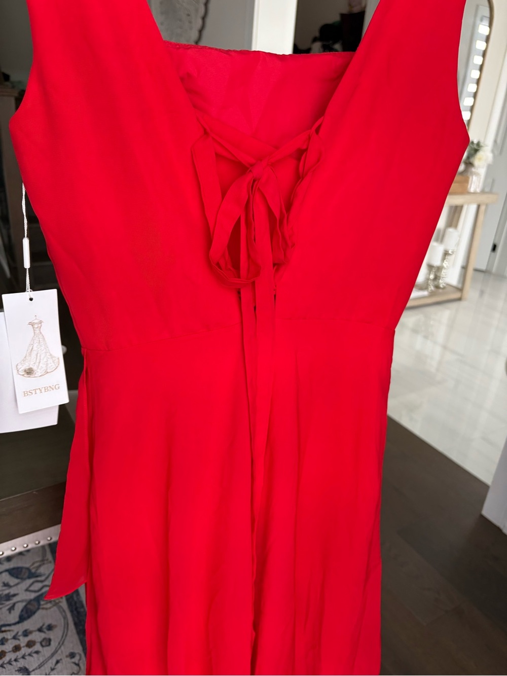 Red Square-Neck Maxi Dress with Side Ruffle - Picture 10 of 12